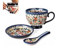 Generico Bohemian Ceramic Coffee Mug Set with Lid Spoon,Polish Style Large Vintage Floral Breakfast Cup Set,Microwave Dishwasher Safe Cappuccino Mug,for Office Home Decor Gift