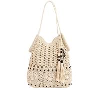 Generico Boho Crochet Mesh Beach Tote Bag for Women,Bohemian Knit Shoulder Purse,Summer Vacation Handbag with Tassels (Beige)