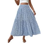 Generico Boho Maxi Skirt for Women Summer Floral Smocked High Waisted Skirts with Pockets Vacation A-Line Long Flowy Skirts (A (1),XL)