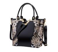 Generico Borsa Donna in Pu Nero Lucido Ricamo, Leggera e Capiente, Borsa a Mano Elegante e Semplice per Uscire fare Shopping