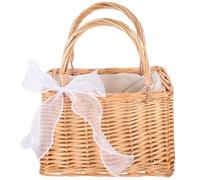 Generico Borsa in Vimini Intrecciato Rettangolare Stile Boho con Fodera e Chiusura a Coulisse, Elegante Cestino Portaoggetti con Nastro Decorativo per Uso Quotidiano Stile Casuale