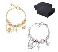 Generico Bracciale a catena serpente multielemento Aurora in oro e argento, braccialetto con ciondolo staccabile della Vergine Maria con accenti di cristallo rosa, catena staccabile bicolore (#AB)