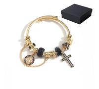 Generico Bracciale a catena serpente multielemento Aurora in oro e argento, braccialetto con ciondolo staccabile della Vergine Maria con accenti di cristallo rosa, catena staccabile bicolore (#D)