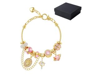 Generico Bracciale a catena serpente multielemento Aurora in oro e argento, braccialetto con ciondolo staccabile della Vergine Maria con accenti di cristallo rosa, catena staccabile bicolore