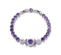 Generico Bracciale Di Collegamento Da Tennis Con Zircone Viola Intenso Rotondo In Tono Argento, Decorazioni In Pietra Intarsiata Halo Centrale Gioielli Per Abiti Quotidiani Banchetti E Feste