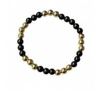 Generico Bracciale elasticizzato in shungite naturale per uomo e donna, con pietre nere da 8 mm dettagli color oro, 19 cm - Gioiello unisex minimalista(1)