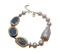 Generico Bracciale Keshi bianco coltivato d'acqua dolce rettangolare con cianite blu da 17x23 mm