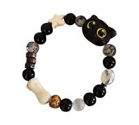 Generico Bracciale ossidiano nero di gatto - braccialetto di gatto | Pietre preziose allunga caț br / / bràlecet con perle bohémien vintage - regalo di gioielli per donne e amanti di Cát