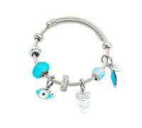 Generico Bracciale Rigido Donna con Charms Azzurro Pandorino in Acciaio Inossidabile in Elegante Astuccio Nero Ciondoli Handmade Confezione Regalo