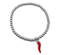 Generico Bracciale Unisex con Ciondolo a forma di Cornetto Rosso Portafortuna Acciaio | Braccialetto Elastico a Catena di Perline con Charm | Colore Argento