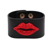 Generico Braccialetti con labbra rosse in cristallo Bocca bacio ciondola braccialetto in pelle per donna Grils Fashion(Black)