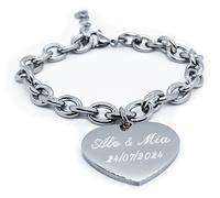 Generico Braccialetto Donna a cuore con Incisione Personalizzata | Bracciale in Acciaio inossidabile personalizzabile | Bijoux a catena e pendente