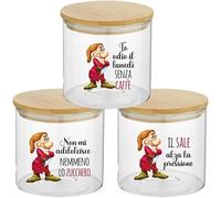 Generico ''Brontolo'' Set Tris Barattoli per Sale Caffè Zucchero Confezione da 3 Contenitori Trasparenti In Vetro Personalizzati Con Coperchio Legno 2 Idea Regalo Arredo Decorazioni Casa Cucina