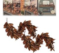 Genérico Brown Magnolia Leaf Garland, Artificial MagnoliaGarland with Pinecones, Realistic Magnolia Leaf Garland, for Fireplace Mantel, Fall Decoration, Indoor Home Deco (280cm,2 Pcs)