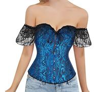 Generico Bustier Corsetto Rinascimentale con Lacci Donna Steccato Overbust Shapewear Jacquard Scolpisce il Corpo Allenamento Vita con Reggicalze per Festival Costume, 03-Blue, M