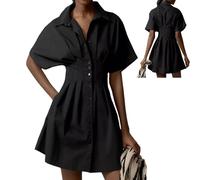 Generico Button Front Pleated Stripe Short Sleeve,Womens Summer Dresses Casual,Mini Shirt Dresses with Pocket (Black, S)