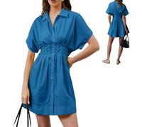 Generico Button Front Pleated Stripe Short Sleeve,Womens Summer Dresses Casual,Mini Shirt Dresses with Pocket (Dark Blue, M)