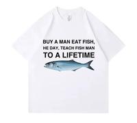 Generico Buy a Man Eat Fish T-Shirt Casual a Maniche Corte con Stampa Pesce Stravagante, abbinabile a Qualsiasi Outfit.