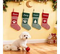 Generico Calza Natalizia Personalizzata con Nome Ricamato, 4 Pezzi Calza Befana Maglia a Righe Rosse e Verdi, christmasDecorazione Grande per Famiglia e Animali Domestici 35cm/13.8inch