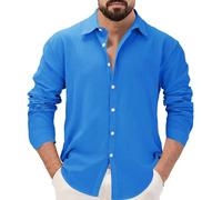 Generico Camice Uomo estive in Cotone con Colletto a Maniche Lunghe Casual Primaverile ed Estivo alla Camicia da Uomo Traspirante in Lino (Blue, XXXL)