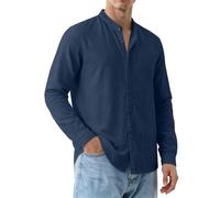 Generico Camice Uomo Manica Lunga e Lino, Casual, con Bottoni, Maniche Lunghe, Ideale per L'Estate, Perfetta per Le Vacanze cubane o Come Camicia da Spiaggia a Tinta Unita. (Navy, XL)