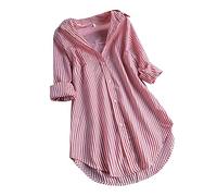 Generico Camicetta a Righe con Colletto Allentato Camicetta da Donna Lunga con Bottoni a Manica rovesciata (Red, L)