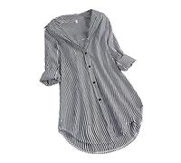 Generico Camicetta a Righe con Colletto Allentato Camicetta da Donna Lunga con Bottoni a Manica rovesciata (Black, L)