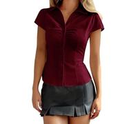 Generico Camicetta Aderente da Donna Y2k con Bottoni a Maniche Corte con Scollo a V e Colletto in Vita Stretta Camicia Corta Top Carino Casual per Uscire Teen Blusa Estiva Camicie Classico