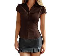 Generico Camicetta Aderente da Donna Y2k con Bottoni a Maniche Corte con Scollo a V e Colletto in Vita Stretta Camicia Corta Top Carino Casual per Uscire Teen Blusa Estiva Camicie Classico