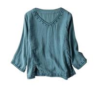 Generico Camicetta con Maniche a Sette Quarti Ricamata Camicia Casual in Lino di Cotone Leggero per Donna Top Ampio Stile retrò (Blue, XXL)