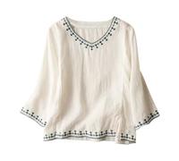 Generico Camicetta con Maniche a Sette Quarti Ricamata Camicia Casual in Lino di Cotone Leggero per Donna Top Ampio Stile retrò (White, XXXXL)