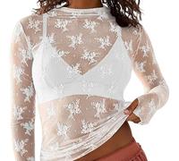 Generico Camicetta da Donna Sexy a Maniche Lunghe in Rete con Collo a Lupetto Trasparente T-Shirt in Pizzo Floreale, Party Club Uscire (White,L)