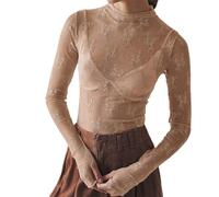 Generico Camicetta da Donna Sexy a Maniche Lunghe in Rete con Collo a Lupetto Trasparente T-Shirt in Pizzo Floreale, Party Club Uscire (Khaki,L)