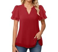 Generico Camicetta Donna con Bordo Pepium e Maniche a Volant in Chiffon Perfetta per L'Estate e Look Eleganti Maglietta Donna Elegante con Vita Segnata(Red, L)