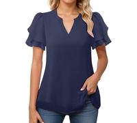 Generico Camicetta Donna con Bordo Pepium e Maniche a Volant in Chiffon Perfetta per L'Estate e Look Eleganti Maglietta Donna Elegante con Vita Segnata(Blue, M)