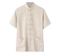 Generico Camicia a Maniche Corte in Lino Sintetico Largo da Uomo e da Donna, Stile Classico, Camicia a Maniche Corte (Beige, XXL)
