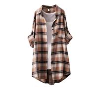 Generico Camicia A Quadri Donna - Blusa Donna Elegante Curvy Colletto A Revers Manica Lunga con Bottoni Camicetta Scozzese Sciolto E Pigro Comodo Leggero Giacca Lunga