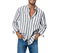 Generico Camicia a Righe da Uomo Estiva con Colletto rovesciato, Camicia, Camicia in Lino, Comoda, per Il Tempo Libero, Leggera, a Maniche Lunghe, Casual, in Lino, con Tasche, Morbida, Traspirante