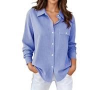 Generico Camicia a Righe Donna Elegante con Collo Botton-Down e Maniche Lunghe Camicia da Lavoro Oversize Curvy Camicie Casual Leggero Traspirante per Colloquio Ufficio Uscire,Blu1,XL