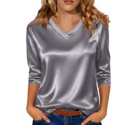 Generico Camicia Classica da Donna con Scollo a V e Maniche a Tre Quarti in Raso Lucido Tessuto Liscio e setoso vestibilità Ampia Elegante e Versatile Adatta per L'Ufficio Estivo