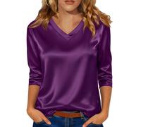 Generico Camicia Classica da Donna con Scollo a V e Maniche a Tre Quarti in Raso Lucido Tessuto Liscio e setoso vestibilità Ampia Elegante e Versatile Adatta per L'Ufficio Estivo