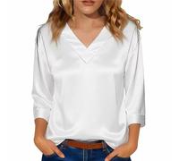 Generico Camicia Classica da Donna con Scollo a V e Maniche a Tre Quarti in Raso Lucido Tessuto Liscio e setoso vestibilità Ampia Elegante e Versatile Adatta per L'Ufficio Estivo