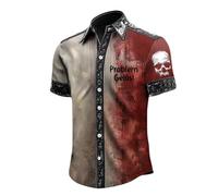 Generico Camicia Collo Coreana Uomo-Camicia da Uomo a Maniche Corte con Risvolto e Stampa di di Sangue, Divertente per Halloween e Feste, da Indossare Tutti i Giorni