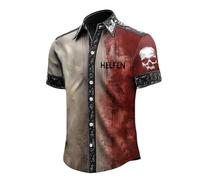 Generico Camicia Collo Coreana Uomo-Camicia da Uomo a Maniche Corte con Risvolto e Stampa di di Sangue, Divertente per Halloween e Feste, da Indossare Tutti i Giorni
