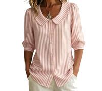 Generico Camicia da Donna in Cotone e Lino a Righe con Colletto Peter Pan in Stile retrò, Blusa Button-Down a Maniche a 3/4, Top Casual Leggero e Traspirante