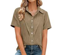 Generico Camicia da Donna in Cotone e Lino Camice Casual Maniche Corte Tunica Blusa Revers Casual Camicia Tinta Unita Traspirante Scollo a V Maglietta Sciolto Larghe Taglie Forti Taglie Forti Lavoro