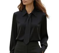 Generico Camicia da Donna in Raso Camicetta Seta con Scollo a V Curvy Leggero Primavera Blusa Cravatta Manica Lunga Button Down Maglietta Ufficio Classico Slik Top Business Sciolto Casual