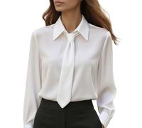 Generico Camicia da Donna in Raso Camicetta Seta con Scollo a V Curvy Leggero Primavera Blusa Cravatta Manica Lunga Button Down Maglietta Ufficio Classico Slik Top Business Sciolto Casual