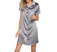 Generico Camicia da Notte Donna Estiva con Maniche Corte,Elegante Pigiami con Collo Button-Down,Pigiama Raso Aperto Davanti Donna,Comodo Morbido Completo da Casa Casual