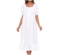 Generico Camicia da Notte Donna Maniche Corte in Cotone Lunga Larga Stile Principessa Vittoriana Sexy Perfetta per La Casa Nightgown Donna Elegante(White, M)